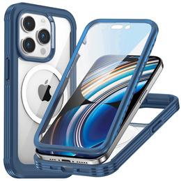Etui do iPhone 15 Pro Max, Pancerne Full Protect 360° do MagSafe, szkło na ekran, niebieskie