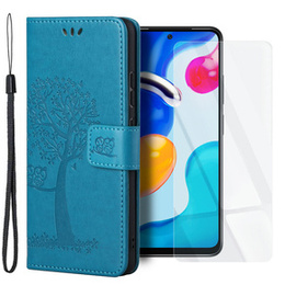 Zestaw Etui z klapką do Xiaomi Redmi Note 11/11S, Drzewo, niebieskie + szkło
