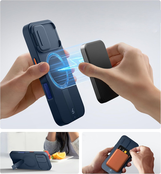 SURITCH Magnetyczne etui ochronne do iPhone 16 z osłoną kamery i podstawką - niebieskie