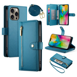 Etui z klapką do iPhone 16 Pro, Wallet Zipper Pocket, niebieskie