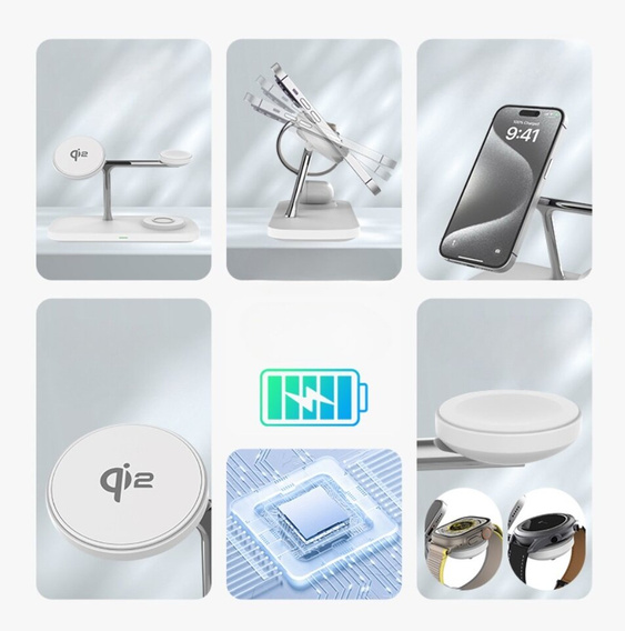 Ładowarka indukcyjna Qi2 3w1 15W do iPhone/ Apple Watch / Airpods / Galaxy / Galaxy Watch/ Galaxy Buds, biała