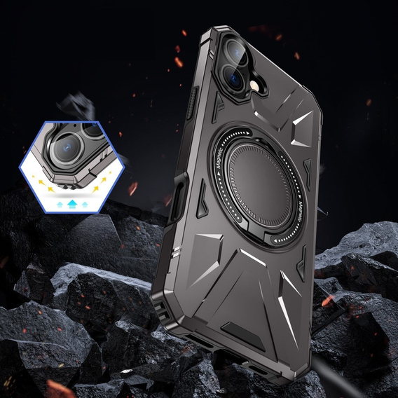 Etui do iPhone 16, pancerne z podstawką i MagSafe, szare