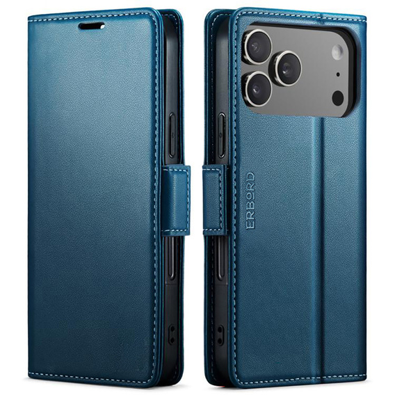 Etui do iPhone 17 Pro Max, ERBORD Glossy Litchi, portfel z klapką, niebieskie