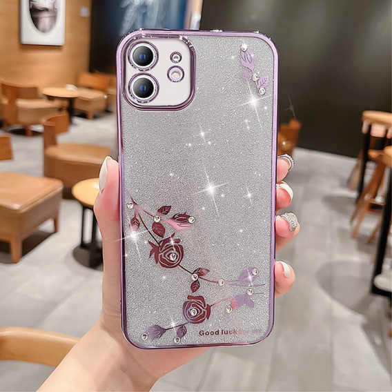 Etui do iPhone 12, Glitter Flower, fioletowe