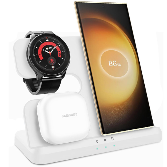 Білий індукційний зарядний пристрій ERBORD Trio 3в1 для Samsung Galaxy Watch Buds і смартфона – станція Qi