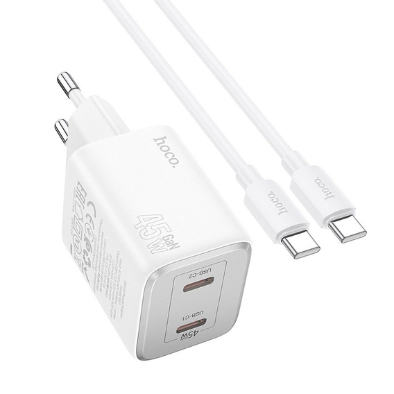 HOCO Ładowarka Sieciowa 2x USB Type-C PD QC 45W GaN, biała + Kabel USB Type-C