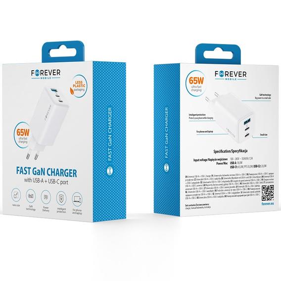 Forever Ładowarka Sieciowa 65W GaN 2x USB-C 1x USB-A, biała