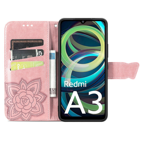 Etui z klapką do Xiaomi Redmi A3, Butterfly, różowe rose gold