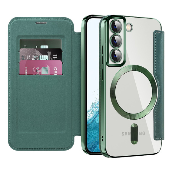 Etui z klapką do Samsung Galaxy S22 5G, RFID Wallet MagSafe z ochroną aparatu, zielone