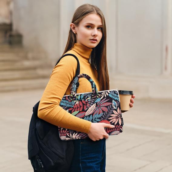 Torba na Laptopa 13" z Motywem Dużych Liści - Czarna