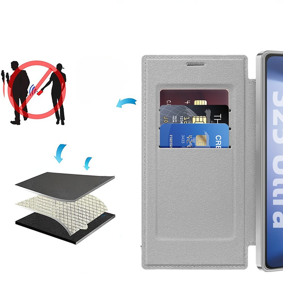 Etui z klapką do Samsung Galaxy S25 Ultra, RFID Wallet MagSafe z ochroną aparatu, srebrne