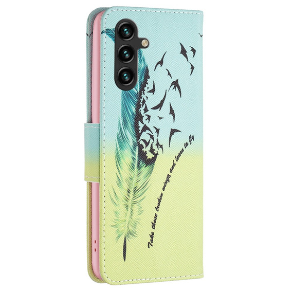 Etui z klapką do Samsung Galaxy A05s, Wallet, Feather niebieskie / żółte