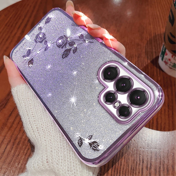 Etui do Samsung Galaxy S23 Ultra, Glitter Flower, fioletowe