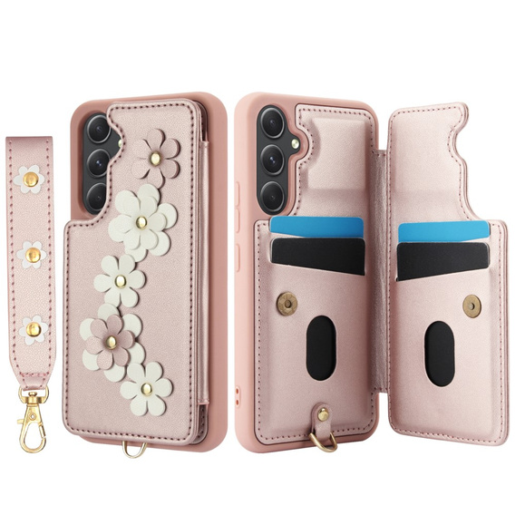 Etui do Samsung Galaxy A55 5G, Leather Flower Card Slot, różowe