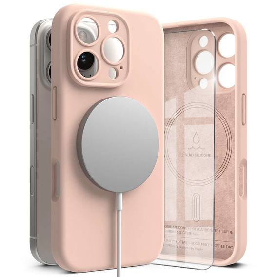 Etui Ringke do iPhone 16 Pro, Silicone MagSafe, różowe + Szkło Hartowane 9H