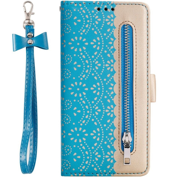 Etui z klapką do Samsung Galaxy A25 5G, Wallet Pocket Zipper Lace, niebieskie