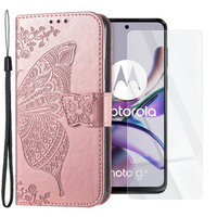 Zestaw Etui do Motorola Moto G23 4G / G13 4G, z klapką portfel, Motyl, Różowe rose gold + szkło