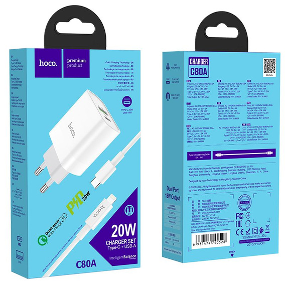 HOCO C80A Ładowarka Sieciowa PD 20W QC3.0 + Kabel USB-C - Lightning 1m, White