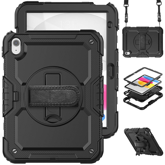 Etui pancerne do iPad 11" 2025 A16 (11 gen.) / 10.9" 2022 (10 gen.) z obrotową podstawką 360°, paskiem na dłoń i paskiem na ramię - czarne