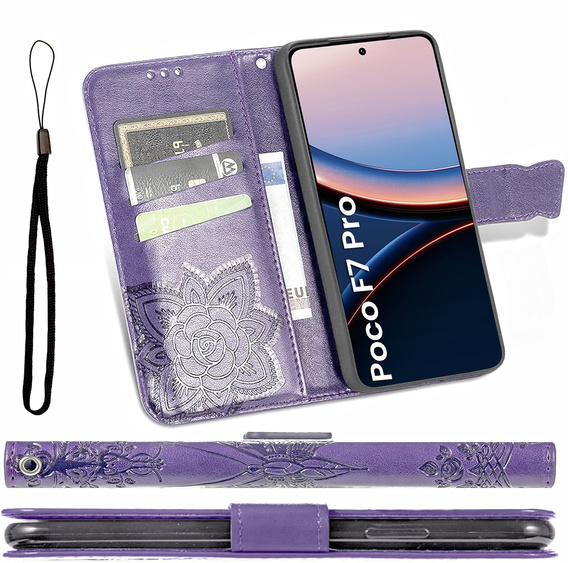 Etui z klapką do Xiaomi Poco F7 Pro, Butterfly, fioletowe