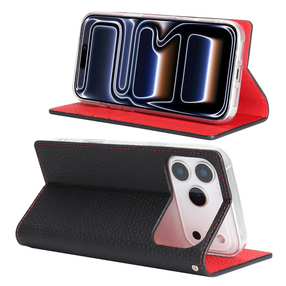 Etui z klapką do iPhone 17 Pro Max, Litchi Skin Grain, czarne