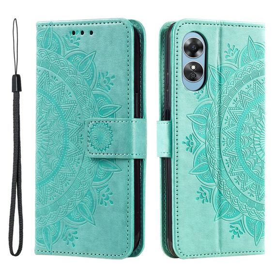 Zestaw Etui do Oppo A17, portfel ze wzorem Mandala z klapką, zielone + Szkło 9H