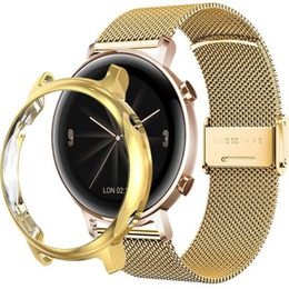 Bransoleta Milanese + Etui z osłoną na ekran do Huawei Watch GT 2 42mm, Złoty