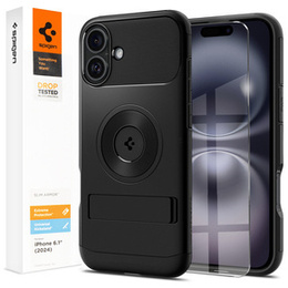 Etui Spigen do iPhone 16, Slim Armor MagSafe, Czarne + Szkło Hartowane 9H