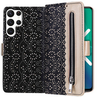 Etui z klapką do Samsung Galaxy S22 Ultra 5G, Wallet Pocket Zipper Lace, czarne