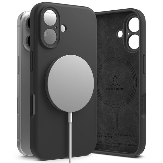 Etui Ringke do iPhone 16, Silicone MagSafe, czarne + Szkło Hartowane 9H
