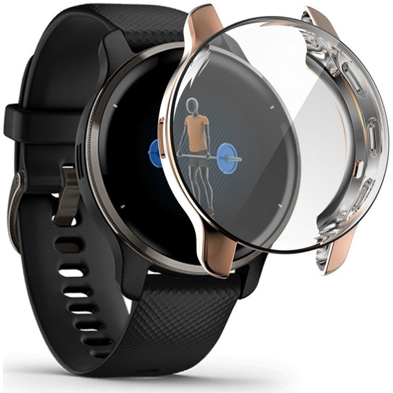 2w1 Etui z Osłoną Silikonową na ekran do Garmin Venu 2 Plus, Różowe złoto
