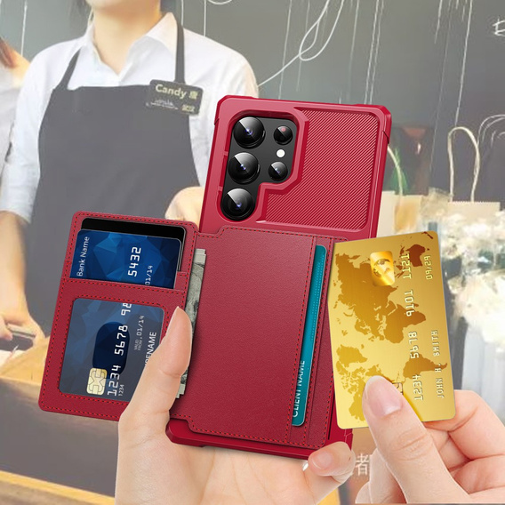 Etui do Samsung Galaxy S25 Ultra z kieszenią na karty, zapięciem na napę – czerwone