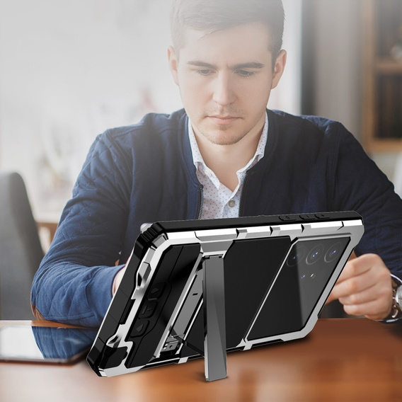 Etui pancerne do Samsung Galaxy S25 Ultra, R-JUST z szklaną ochroną kamery, srebrne