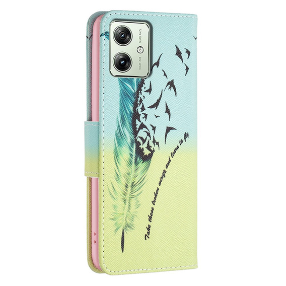Etui z klapką do Motorola Moto G54 5G, Wallet, Feather niebieskie / żółte