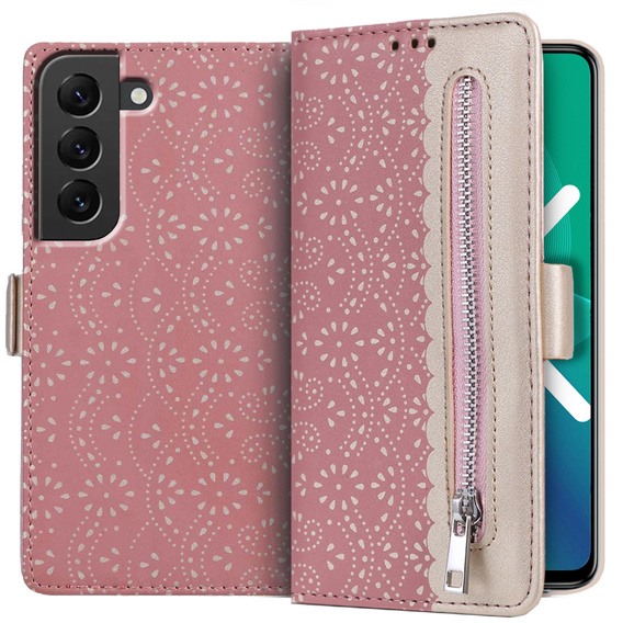 Etui z klapką do Samsung Galaxy S22+ Plus 5G, Wallet Pocket Zipper Lace, różowe