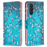 Etui z klapką do Samsung Galaxy A25 5G, Wallet, Sakura, niebieskie + szkło 9H