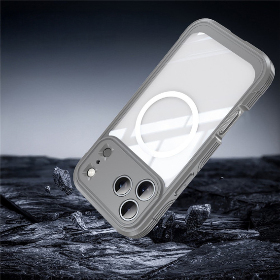 Etui do iPhone 17 Pro, Shockproof, ze szkłem, do MagSafe, szare