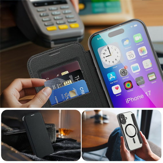 Etui z klapką do iPhone 17, RFID Wallet MagSafe z ochroną aparatu, czarne