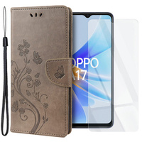 Zestaw Etui z klapką do Oppo A17, Motyl i kwiatek, Szare + Szkło 9H