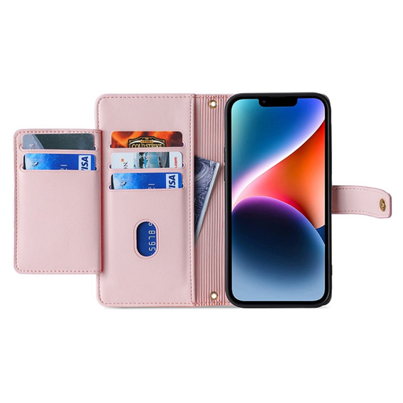 Etui z klapką do iPhone 15 Pro Max, Wallet Zipper Pocket, różowe