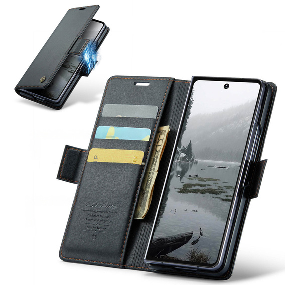 Etui z klapką CASEME do Samsung Galaxy Z Fold7 5G Litchi Wallet – czarne