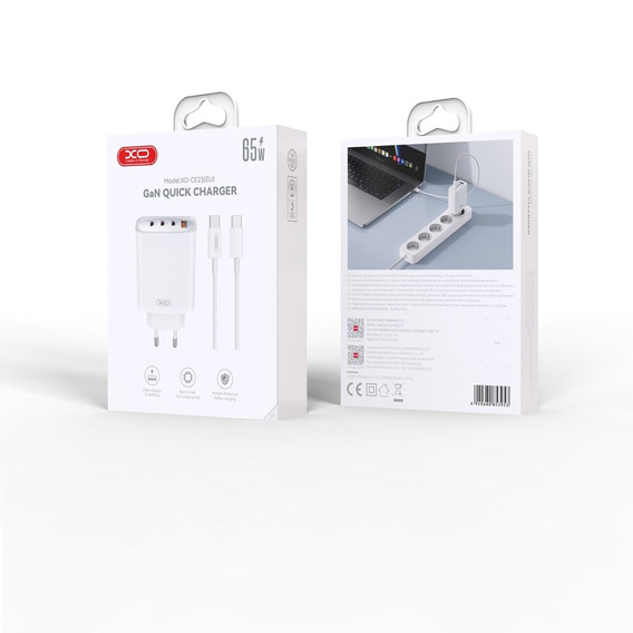 XO CE23 Ładowarka sieciowa, 3x USB-C 1x USB-A, 65W + kabel USB-C - USB-C, biała