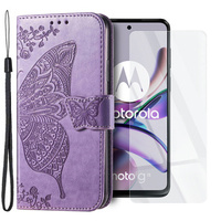 Zestaw Etui do Motorola Moto G73 5G, z klapką portfel, Motyl, Fioletowe + szkło