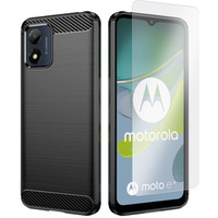 Zestaw Etui do Motorola Moto E13, karbon, silikonowe ochronne czarne + szkło