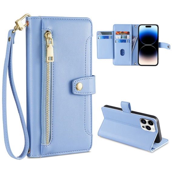 Etui z klapką do iPhone 14 Pro Max, Wallet Zipper Pocket, niebieskie