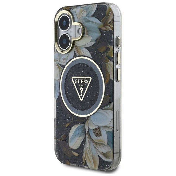 Etui GUESS do iPhone 16, IML Metal Glitter Flowers Triangle, do MagSafe, czarne
