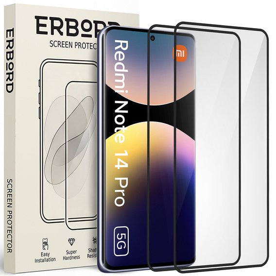 2x Szkło Hartowane do Xiaomi Redmi Note 14 Pro / Poco X7, ERBORD 3D pełne, szybka na cały ekran