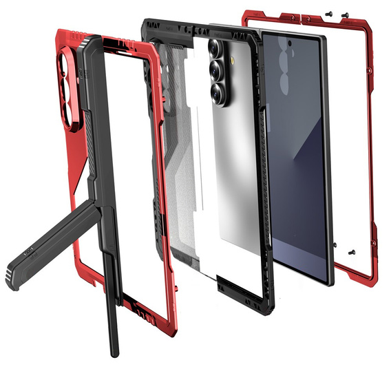 Etui pancerne do Samsung Galaxy Z Fold7 5G, aluminiowe, z podstawką i miejscem na rysik, czerwone