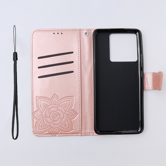 Zestaw Etui z klapką do Xiaomi 13T / 13T Pro, Motyl, różowe rose gold + Szkło