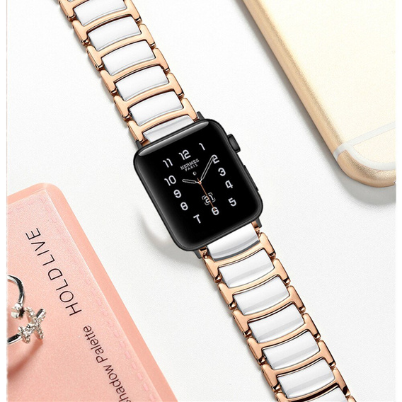 Bransoleta do Apple Watch 1/2/3/4/5/6/7/8/9/10/11/SE 38/40/41/42mm, Biała / Różowe złoto